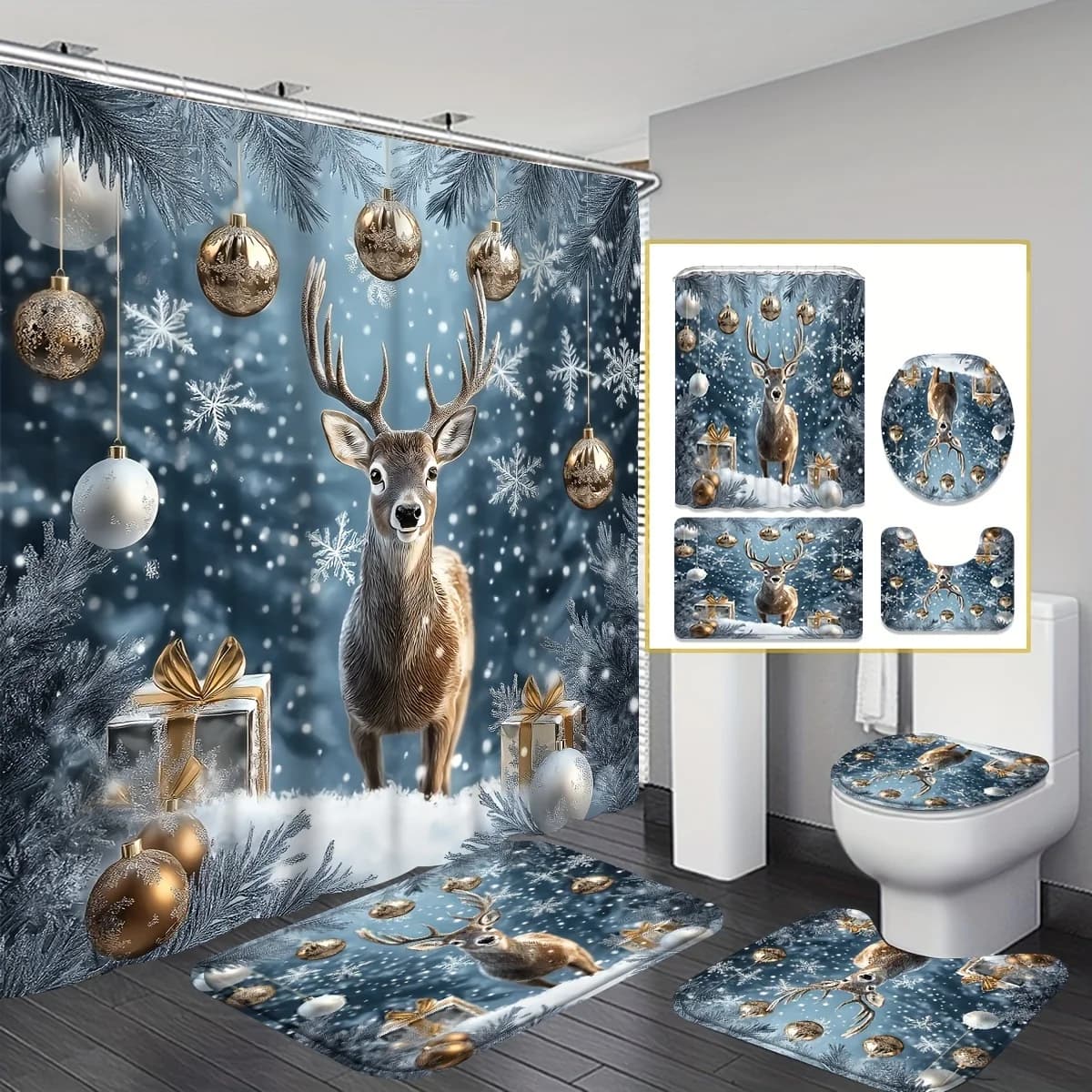 Set da bagno natalizio invernale da 4 pezzi, tenda da doccia con 12 ganci, tappetino antiscivolo, sedile WC e copertura a forma di U