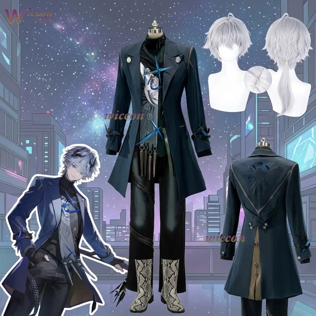 Costume Cosplay Game Arknights: Endfield Ardashir con Parrucca, Giacca Blu, Uniforme e Copricapo per Halloween