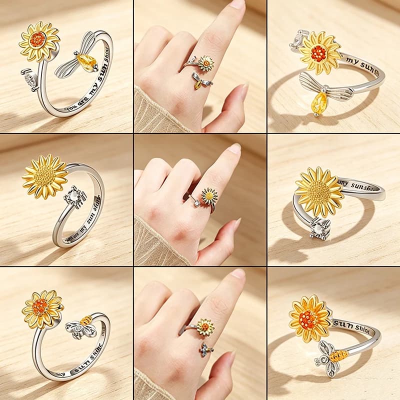 Classic Sunflower Spinner Ring Anti Anxiety Fidget Bee Open Jewelry Ladies Banquet Rotate Rings Gifts Relax Stress Accessories