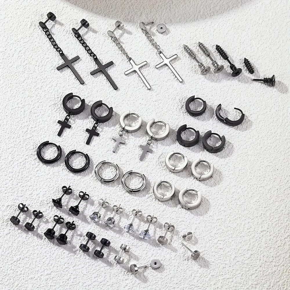 1/20Pairs Fashion Retro Stainless Steel Earring Set Cubic Zirconia Tragus Helix Ear Cartilage Hypoallergenic Piercing Jewelry