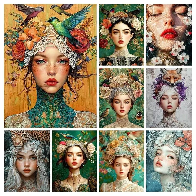 Oil Painting By Numbers Woman Flowers and Birds Home Decoration Wall Living Room Decor Best Gift Frameelss