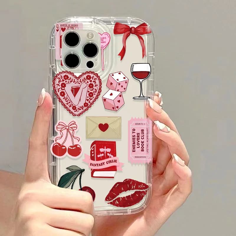 Korean phone case with cute cherry bow for iPhone 16 17 11 13 15 12 14 Pro Max 17 Air 16E XR 7 8 Plus SE Cover soft transparent Funda