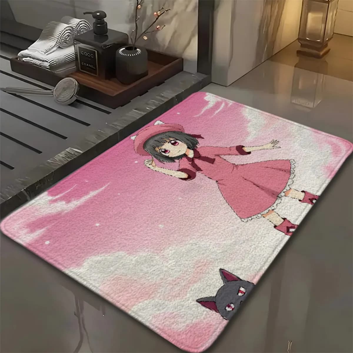 1 tappetino da bagno dal design carino in stile anime e rosa - Tappetino da bagno rettangolare in morbida flanella antiscivolo, lavabile in lavatrice, colore rosa pastello
