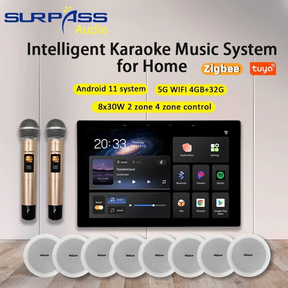 2 zone playback TUYA Smart Home Amplifier 4zone Control Panel 10'' Touch Screen Bluetooth WIFI Compatible with Building Intercom