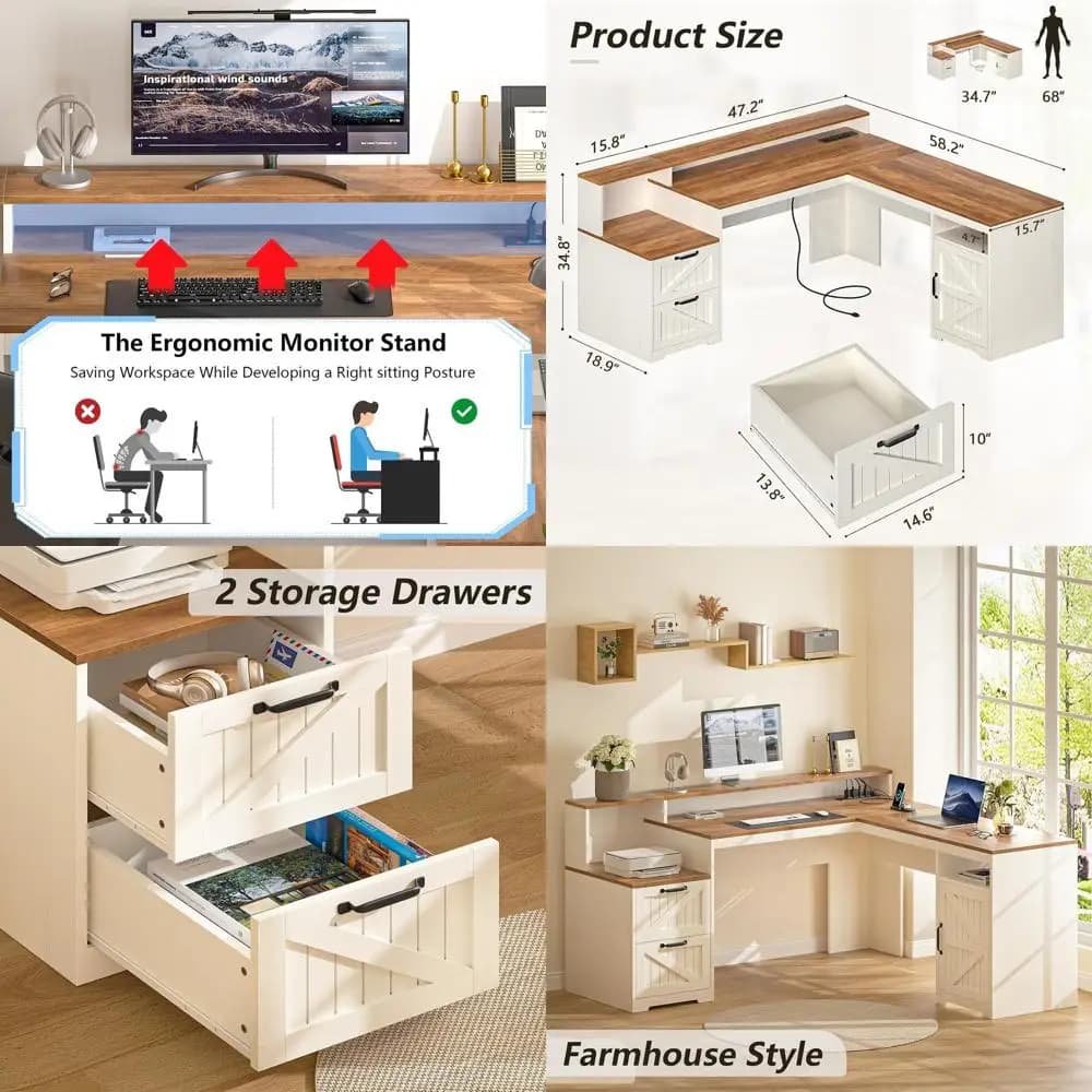 L-Shaped Executive Desk with Drawers, Storage, Monitor Stand, Printer Shelf, Antique White, Office Furniture, Power Outlets, Spa