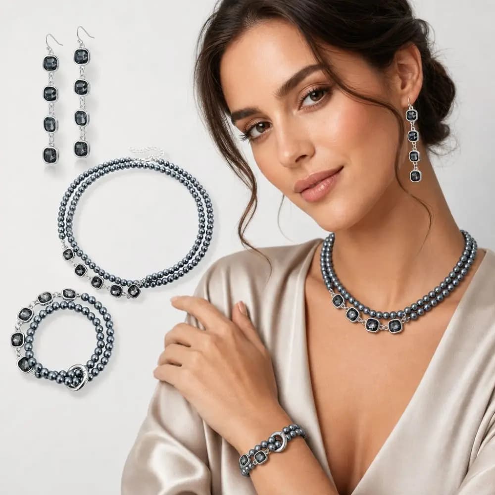 Double-layer Beaded Jewelry Set Black Crystal Square Diamond Necklace Bracelet Earrings Ins Sexy Spliced ​​necklace