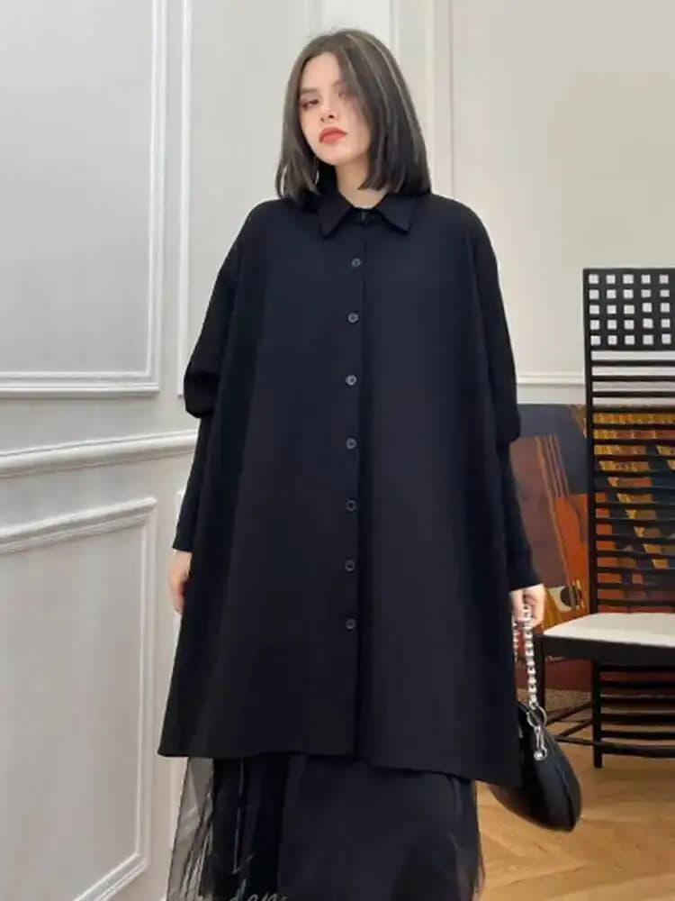 Camicetta lunga da donna nera irregolare di grandi dimensioni Nuova camicia ampia a maniche lunghe con risvolto Moda marea Primavera Autunno