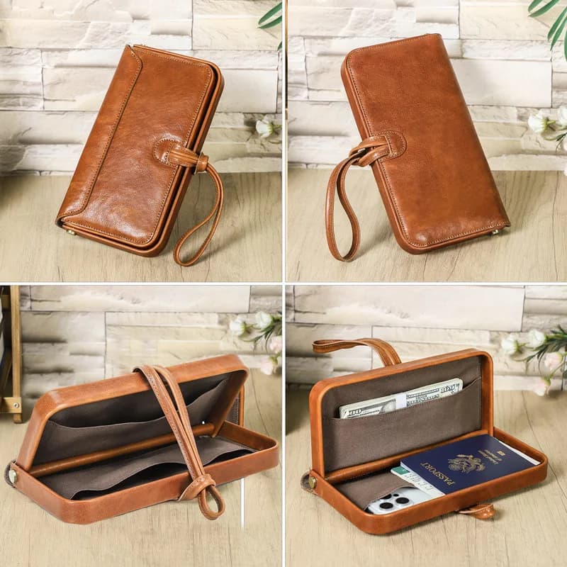 Borsa da viaggio di lusso da donna in pelle di pecora cucita, con cinturino da polso, cerniera in metallo, porta cellulare e passaporto