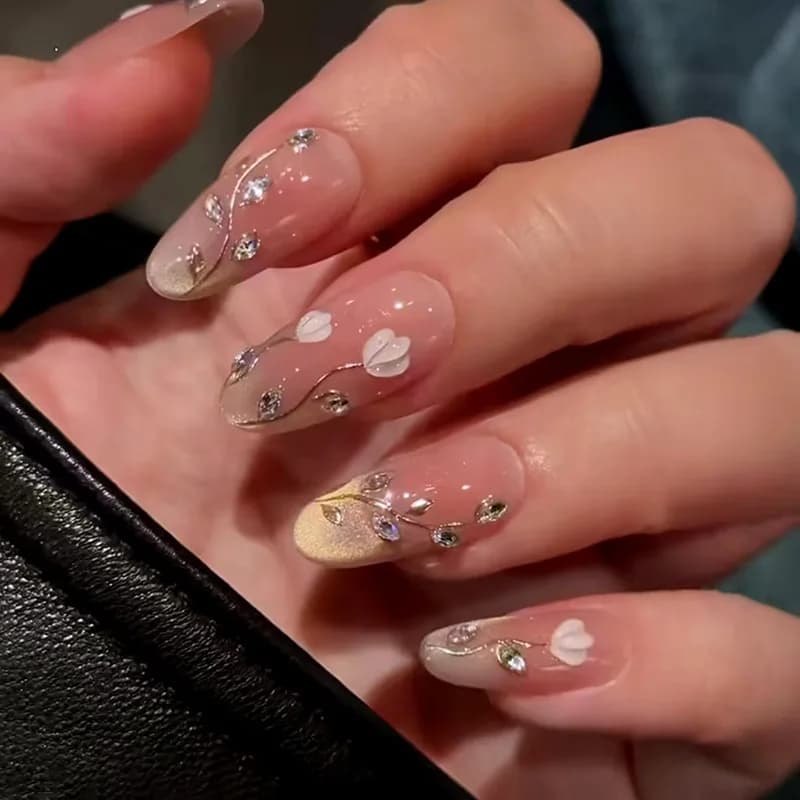 24 pz. Unghie Finte Lunghe a Mandorla con Design Floreale Diamantato Effetto Occhio di Gatto, Unghie Finte Francesi Dolci e Fresche, Unghie Finte Ovali Rosa Press-on