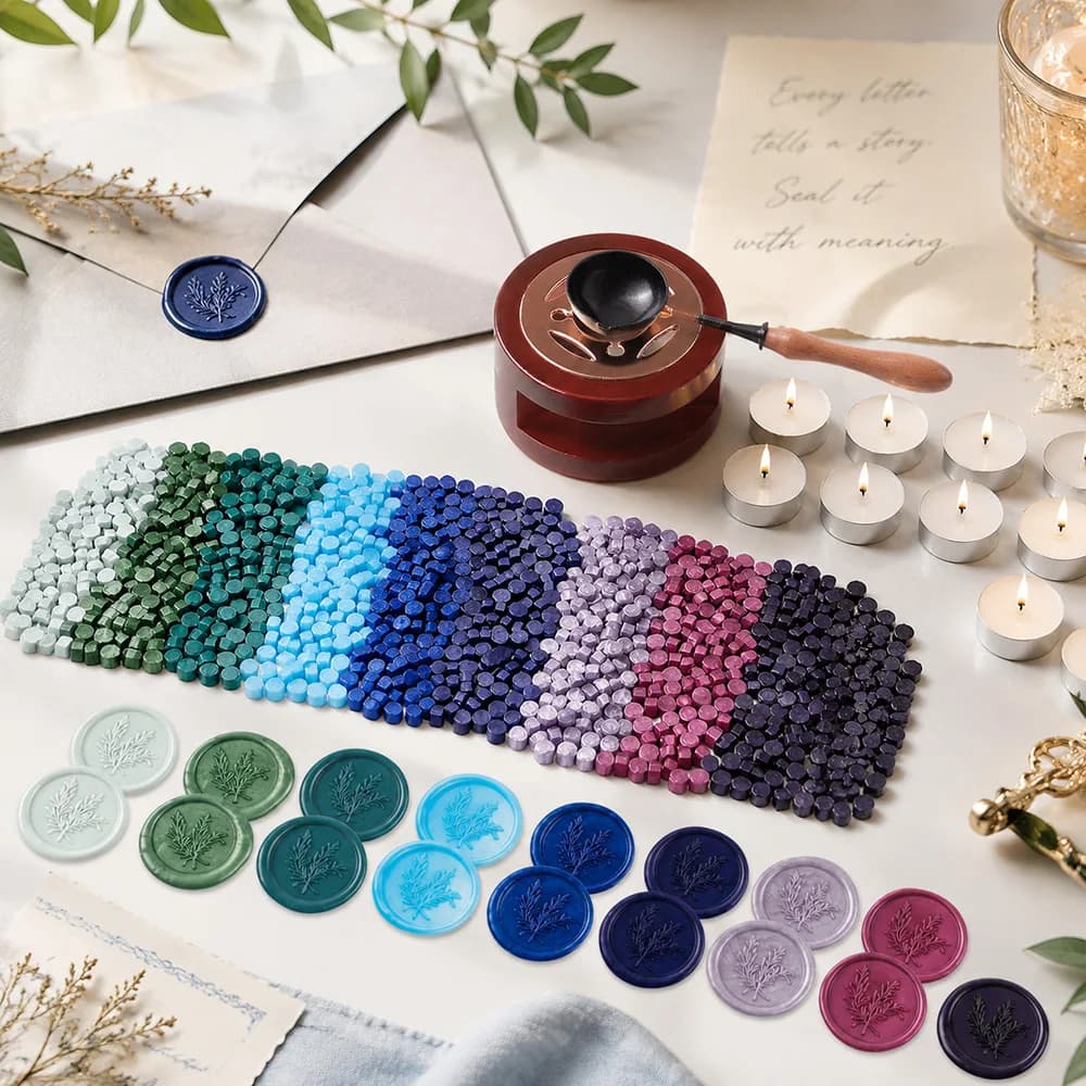 Sealing Wax Beads Seal Wax Kit,1 Wax Seal Warmer,1 Wax Spoon And 10 White Tealight Candle For Wax Seals DIY Scrapbooking Wedding