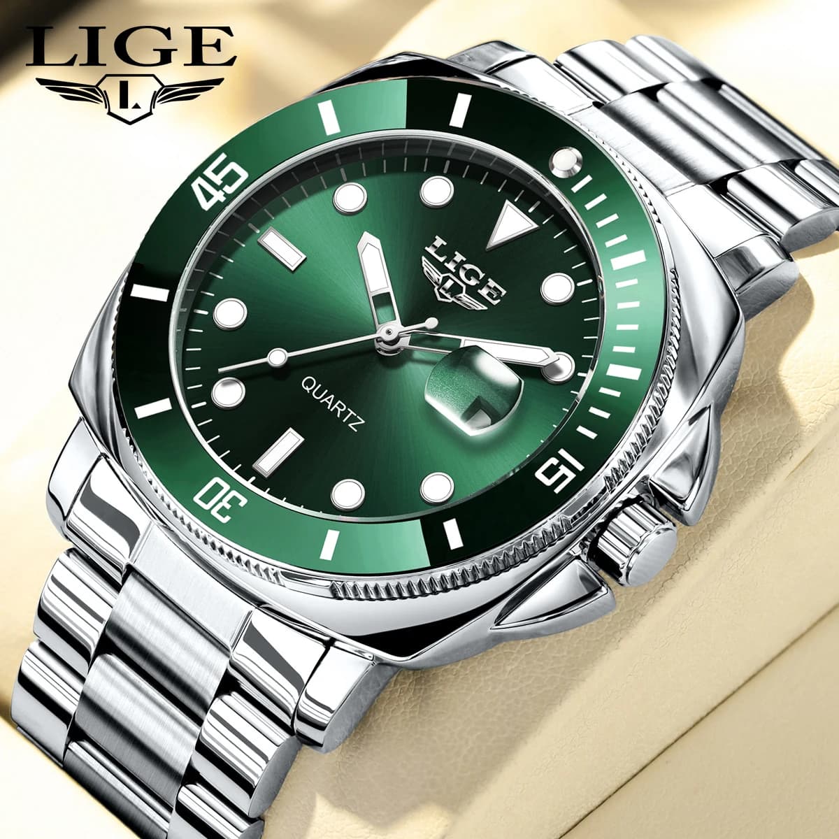 LIGE Men Military Watches Leisure Outdoor Sports Luminous Watch Multi-functional Steel Strap Waterproof Men's Quartz Date Watch