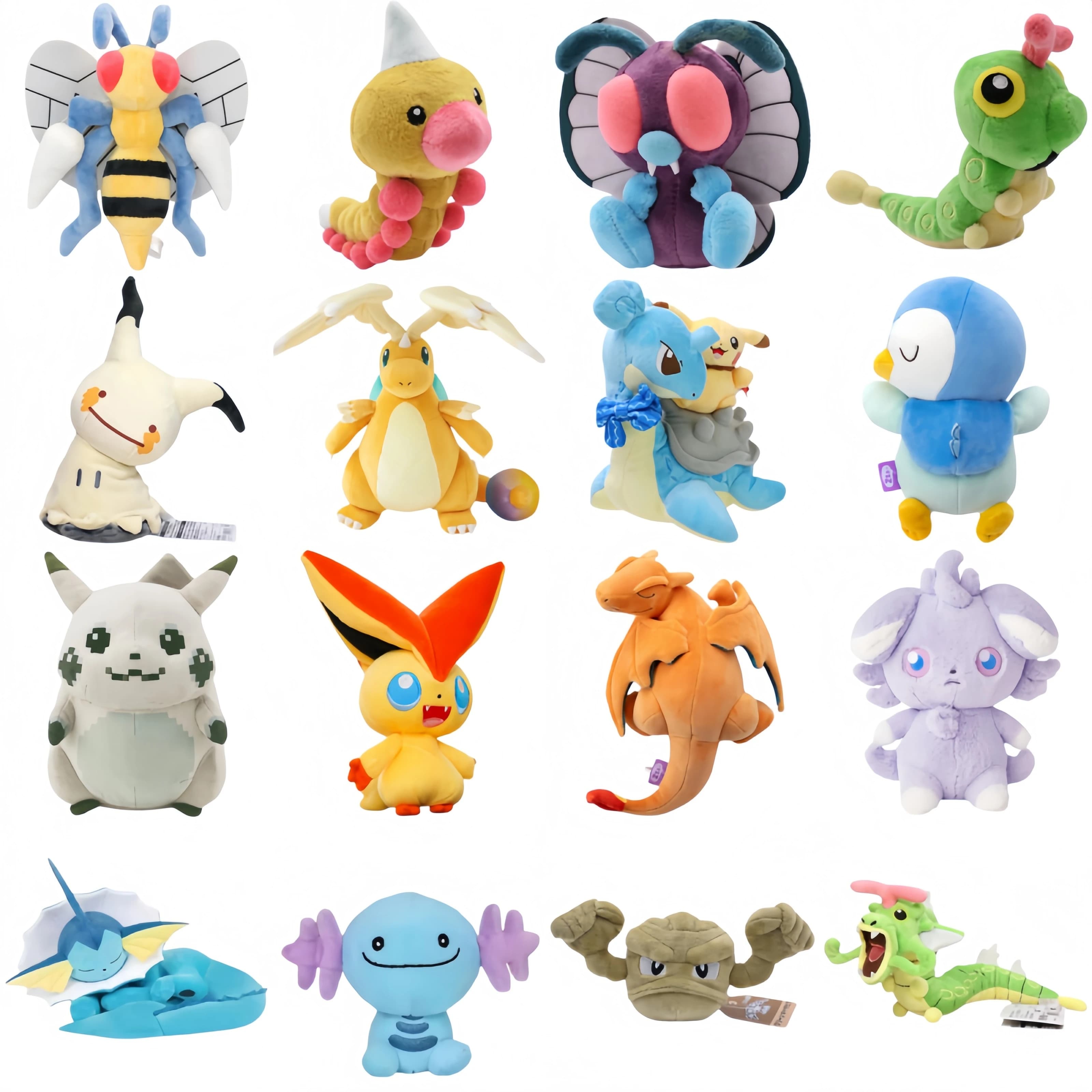 Peluche Pokémon: Caterpie, Butterfree, Beedrill, Mimikyu, Gyarados, Victini, Wooper, Espurr, Geodude, Mega Dragonite