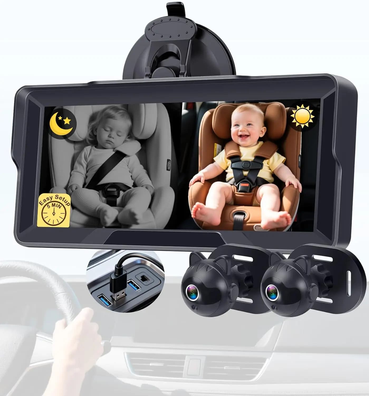 Telecamera Doppia per Auto con Monitor da 6.8" 1080P e Visione Notturna per Due Bambini, Facile Installazione USB Plug & Play