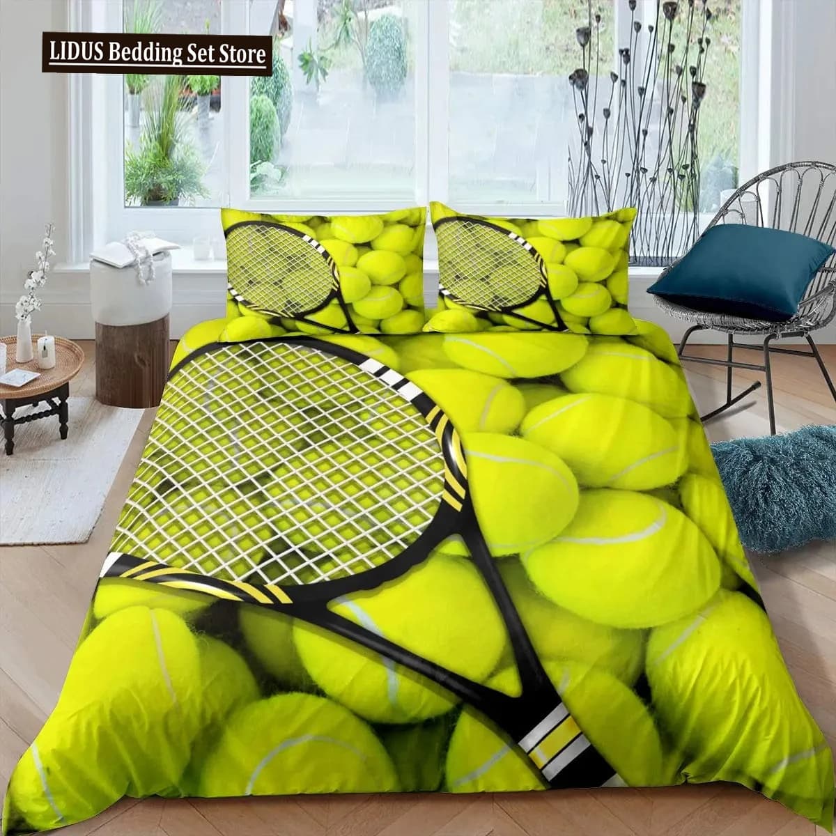 Tennis theme duvet set, sports bedding set, single size for boys, teenagers and adults, duvet cover with racket and tennis ball