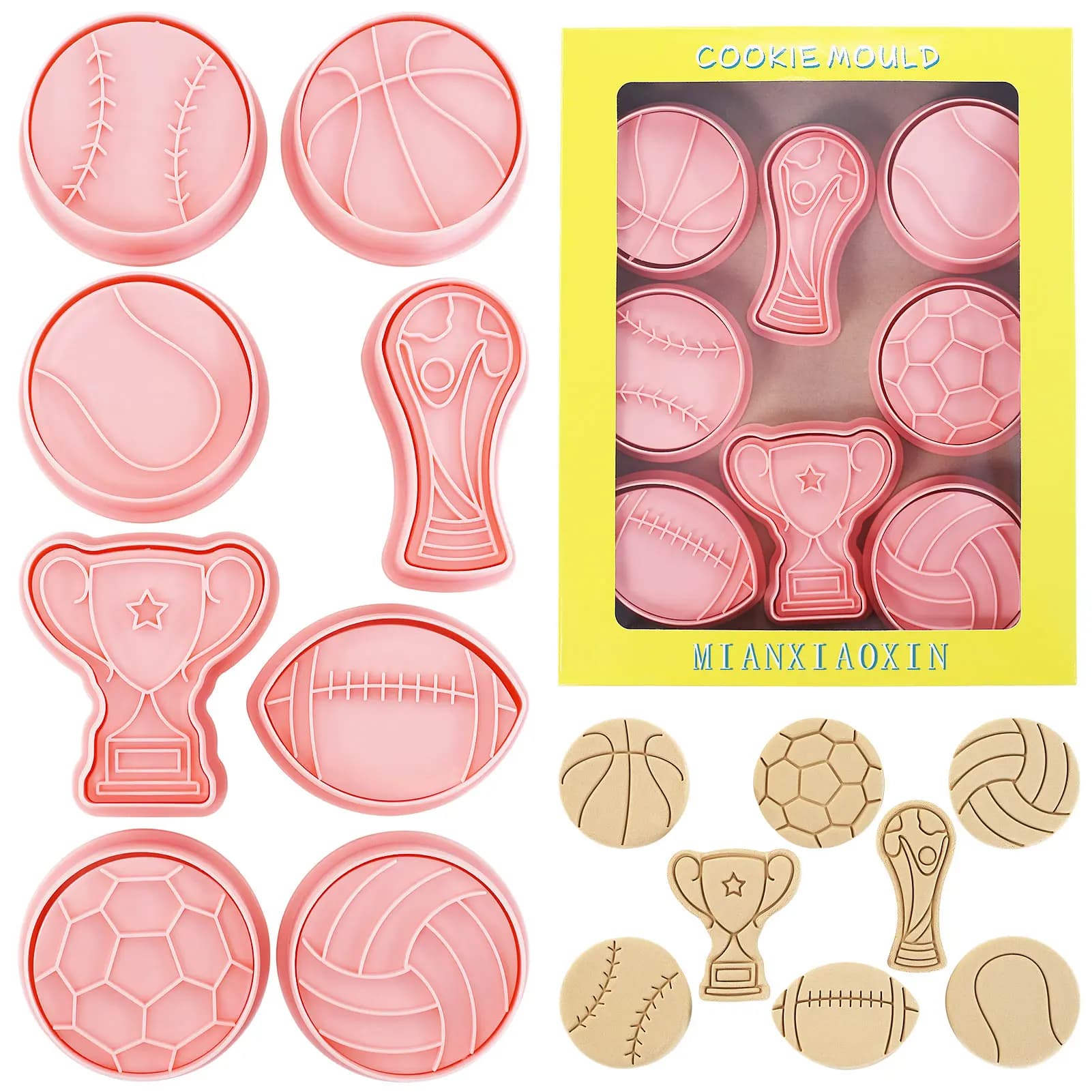 8Pcs Sport Ball and Trophy Shape Cookie Stamps with Plunger Cutters Set Football Volleyball Soccer Basketball Biscuit Cutter