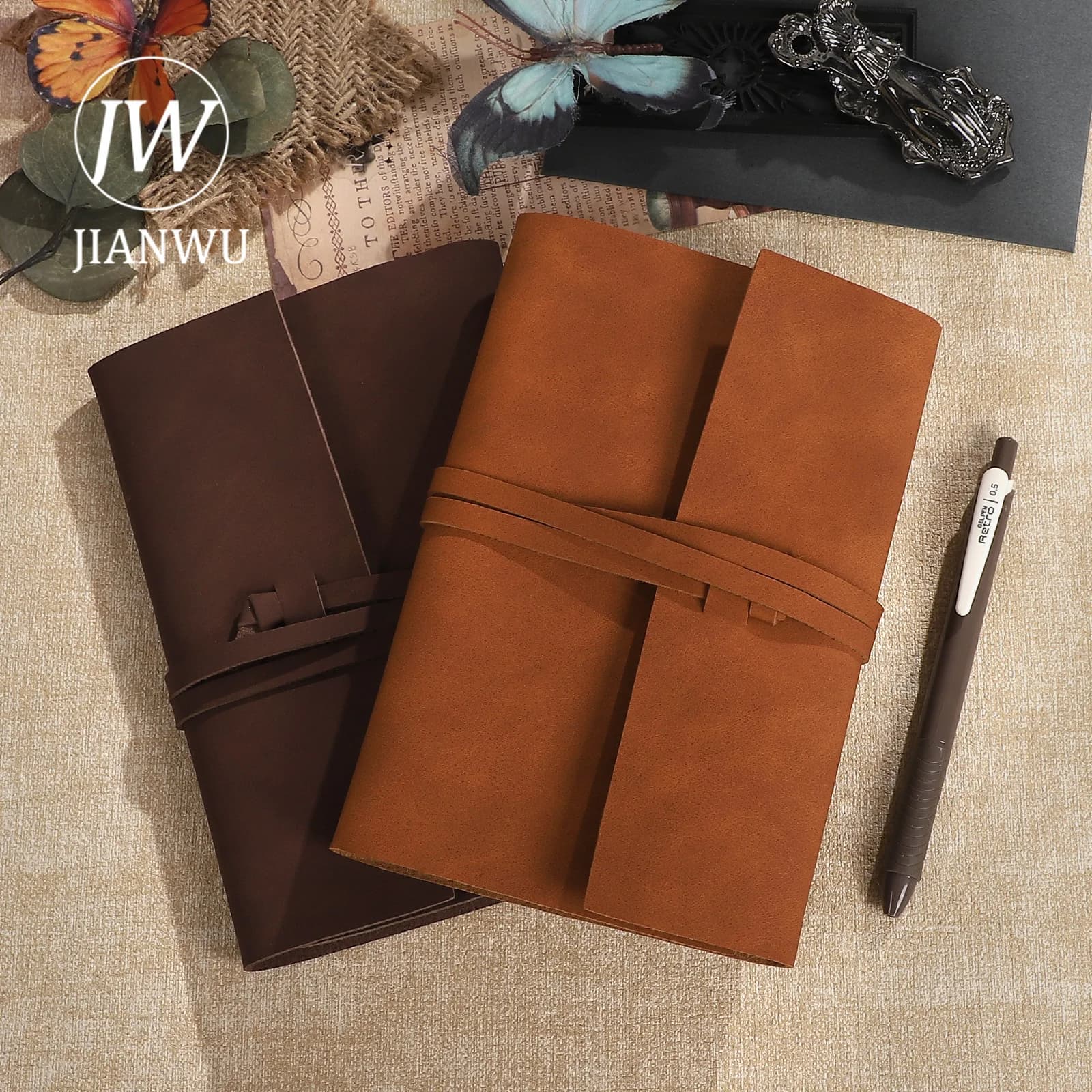 JIANWU A6 Vintage PU Leather Strap Material Collage Loose-leaf Notebook Creative DIY Journal Student Supplies Stationery