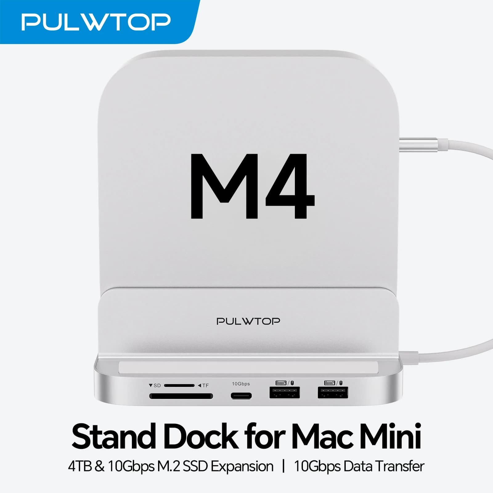 PULWTOP Dock Verticale per Mac Mini M4 con Enclosure SSD da 4TB, USB A/C 3.2 10 Gbps, USB A 2.0, SD/TF, Audio per Mini M4 / M4 Pro 2024