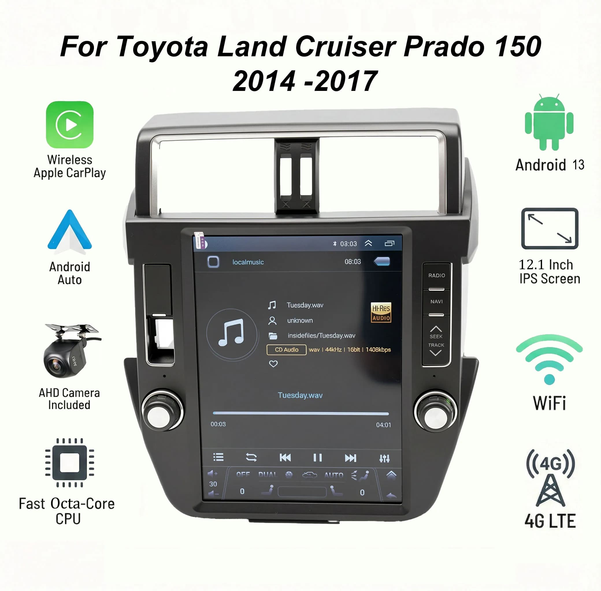 Autoradio Android da 12.1" per Toyota Land Cruiser Prado 150 2014-2017, Stile Tesla con CarPlay Wireless, GPS, DSP