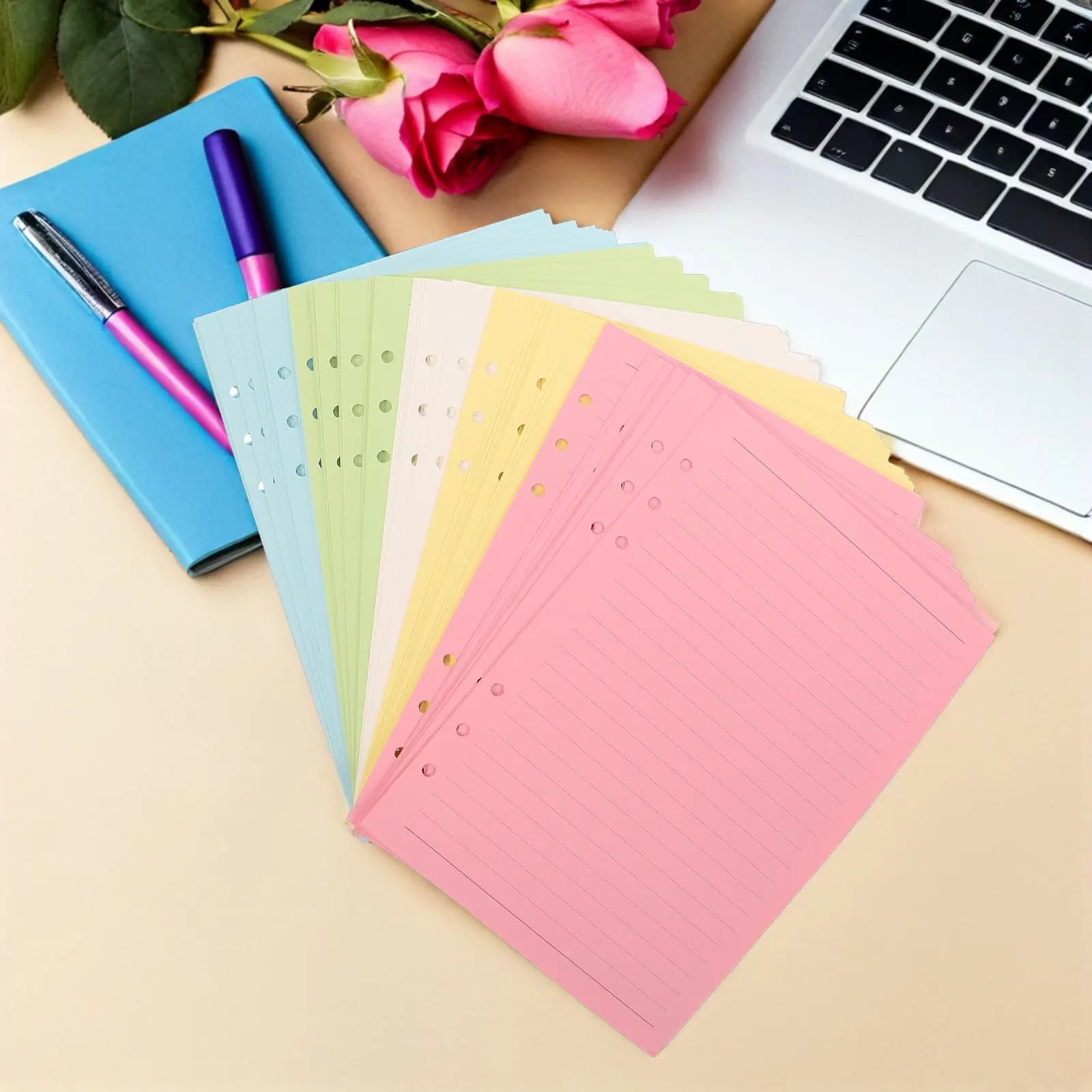2 Set di Inserti per Agenda A5 a 6 Fori, Fogli a Righe Ricaricabili, Inserti Colorati per Quaderni, Diari e Scrapbook