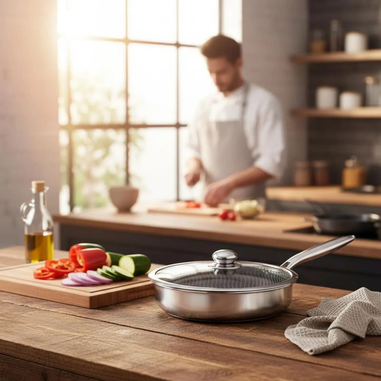 Padella in Acciaio Inox 304 Resistente all'Abrasione Antiaderente con Motivo Esagonale e Coperchio