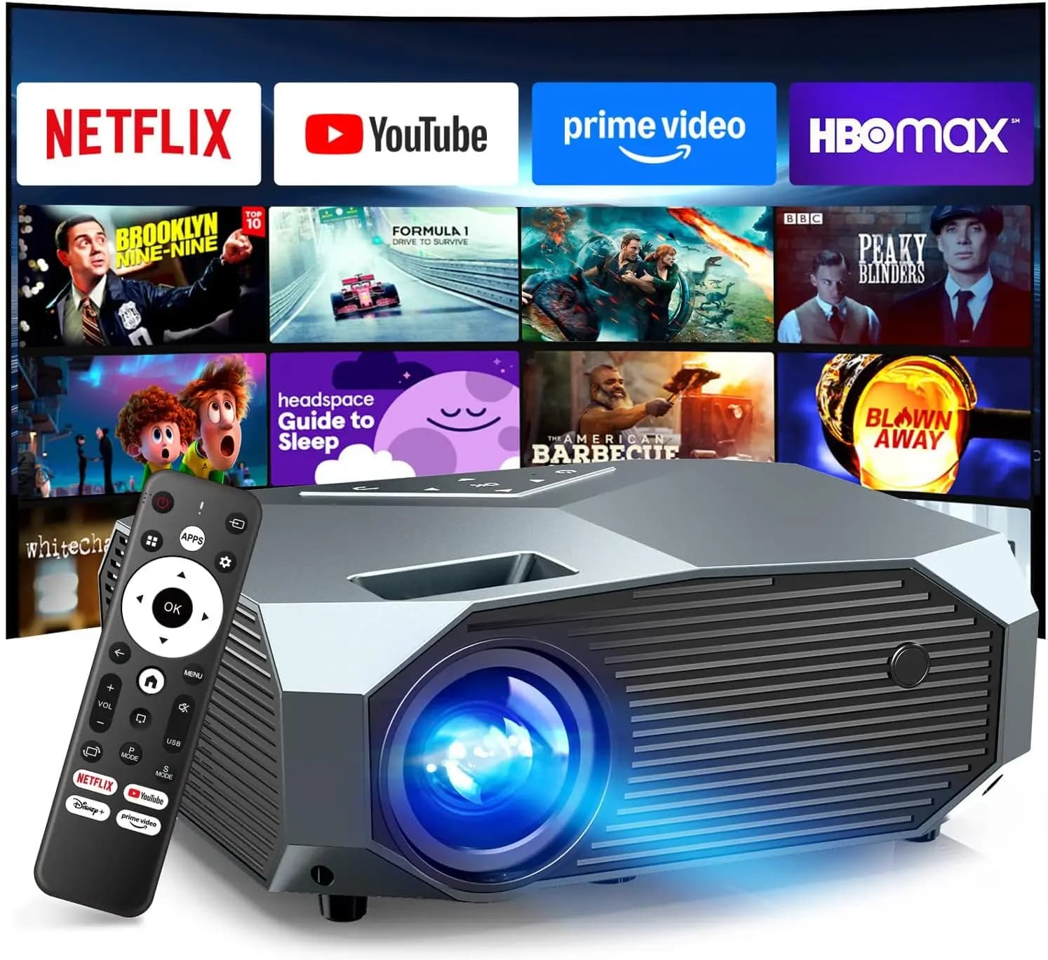 Proiettore Smart 4K con WiFi 6 e Bluetooth 5.3, Schermo da 400 Pollici, Compatibile con Netflix, Portatile per Film all'Aperto