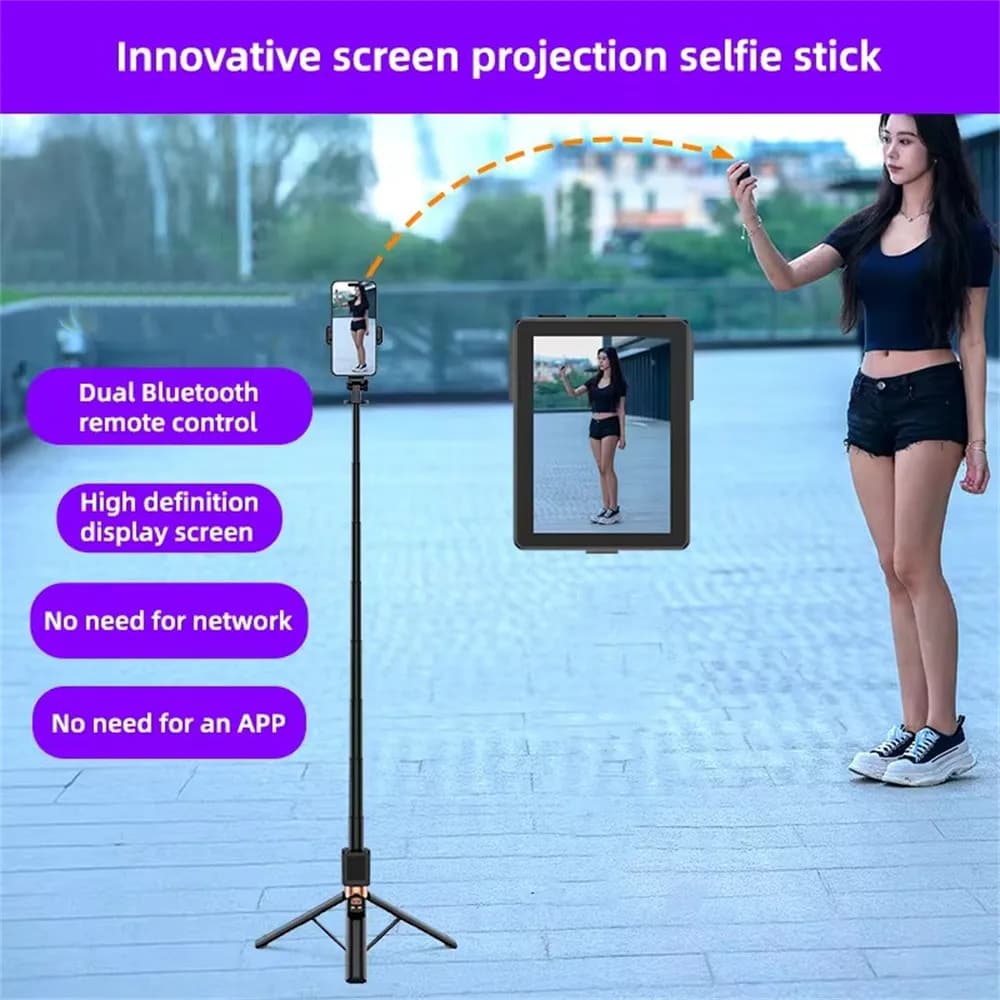 Treppiede per selfie con piccolo monitor per lo streaming e telecomando per iPhone e smartphone