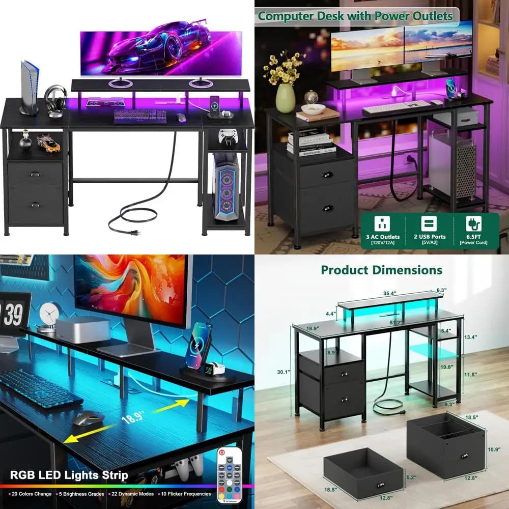 Scrivania da gioco con luci a LED e prese di corrente, scrivania reversibile con schedario e supporto per monitor per uso domestico in ufficio