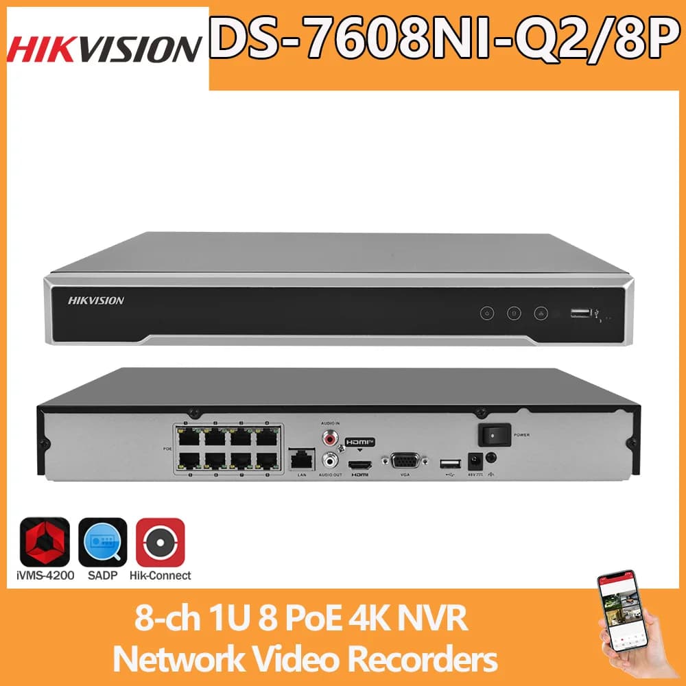 Hikvision 4K PoE NVR DS-7608NI-Q2/8P Registratore video di rete a 8 porte PoE 8MP 2 SATA Telecamera CCTV