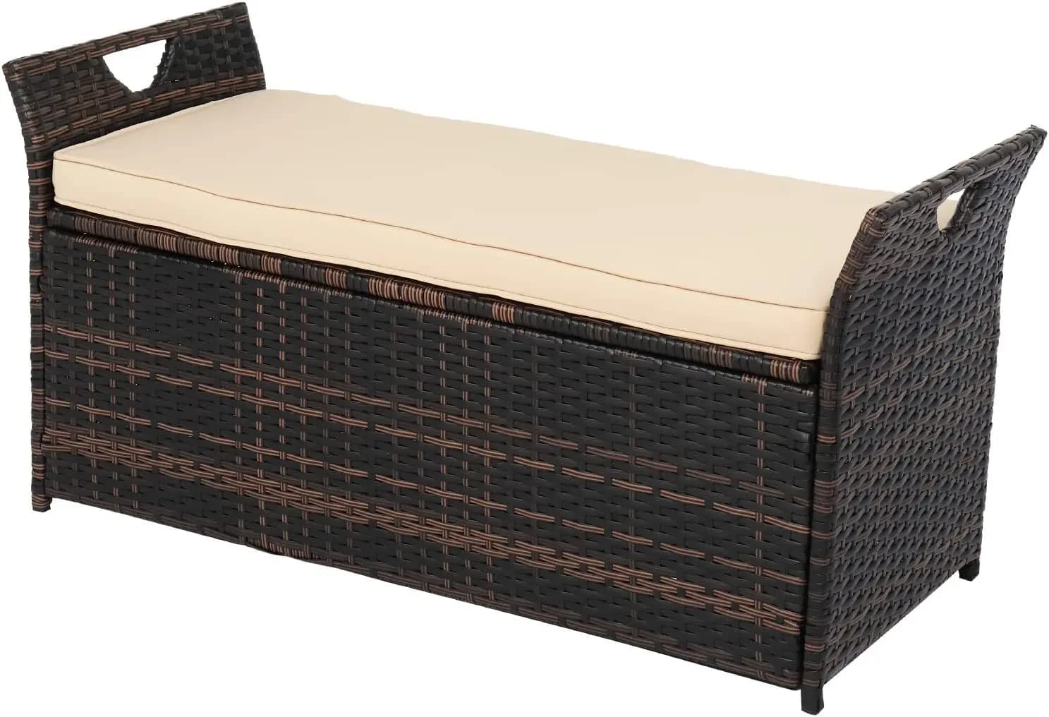 Panca contenitore da esterno in rattan, box portaoggetti da patio in vimini con cuscino per seduta