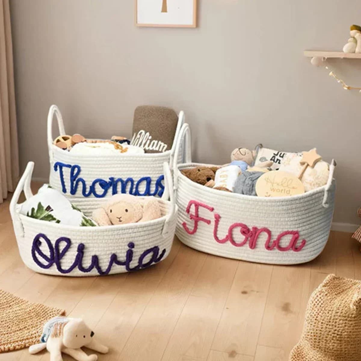 Cestino con nome neonato personalizzato, cesto regalo per baby shower, cesto per pannolini personalizzato, cesto portaoggetti per giocattoli in corda di cotone