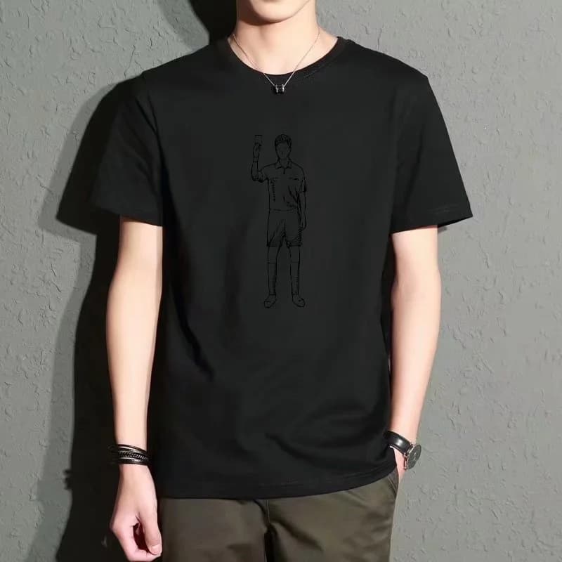 Men's Black Round-Neck Short-Sleeved T-Shirt, Simple Character Line Print Top, Everyday Casual Versatile Basic Style, Comfortable, Breathable and Trendy Item