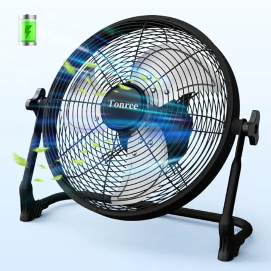 Portable battery-operated fan for camping, gym, travel, home, outdoor, garage, tent, car, barn; ABS plastic; black; 14-inch, re