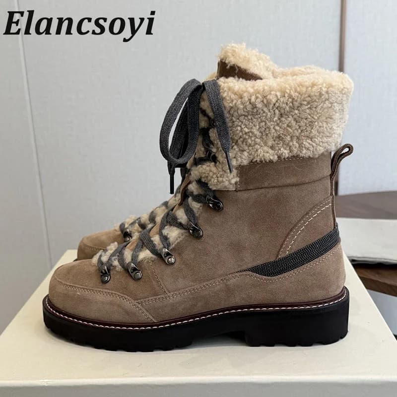 Genuine leather with fur edging ankle boots for women warm wool lining lace up hiking anti slip thick soled winter snow boots