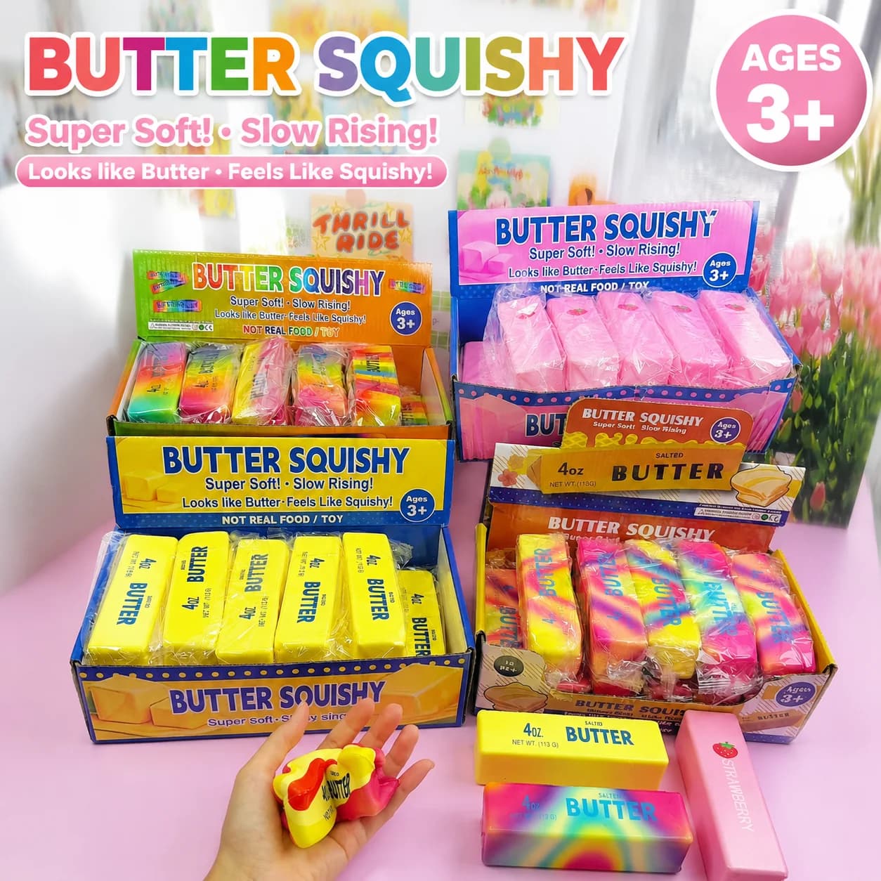 Butter Squishy Toy Slow Rising Stress Relief Squeeze Toy Super Soft Salted Strawberry Rainbow Butter Fidget Toy For Kids Adults