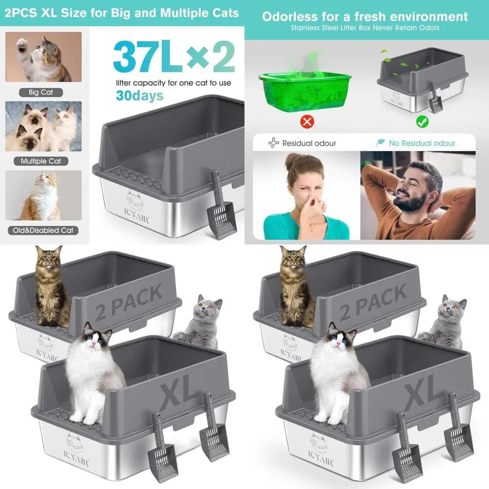 Lettiera per Gatti XL in Metallo con Bordi Alti, Coperchio, Anti-Perdita, Controllo Odori, Superficie Antiaderente, Paletta Inclusa