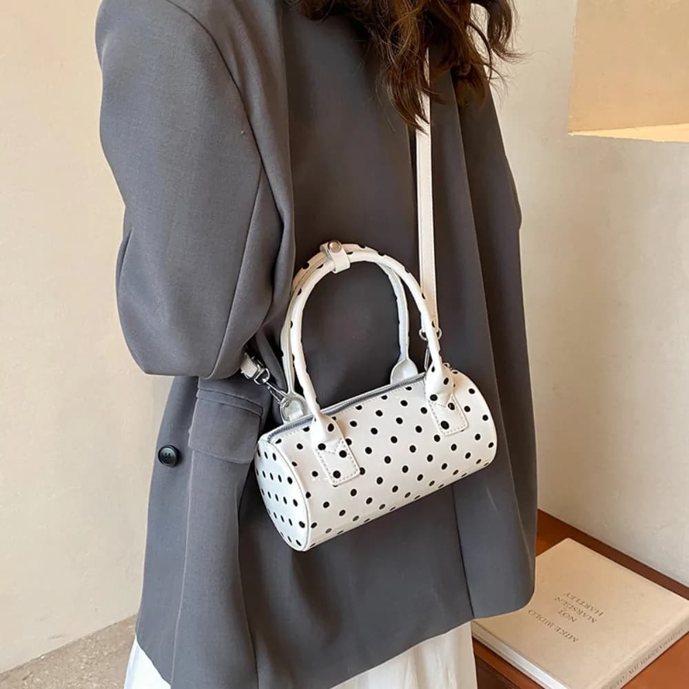 Nuova Borsa a Spalla in Pelle PU a Forma di Barile, Borsa a Secchiello con Pois per Donna
