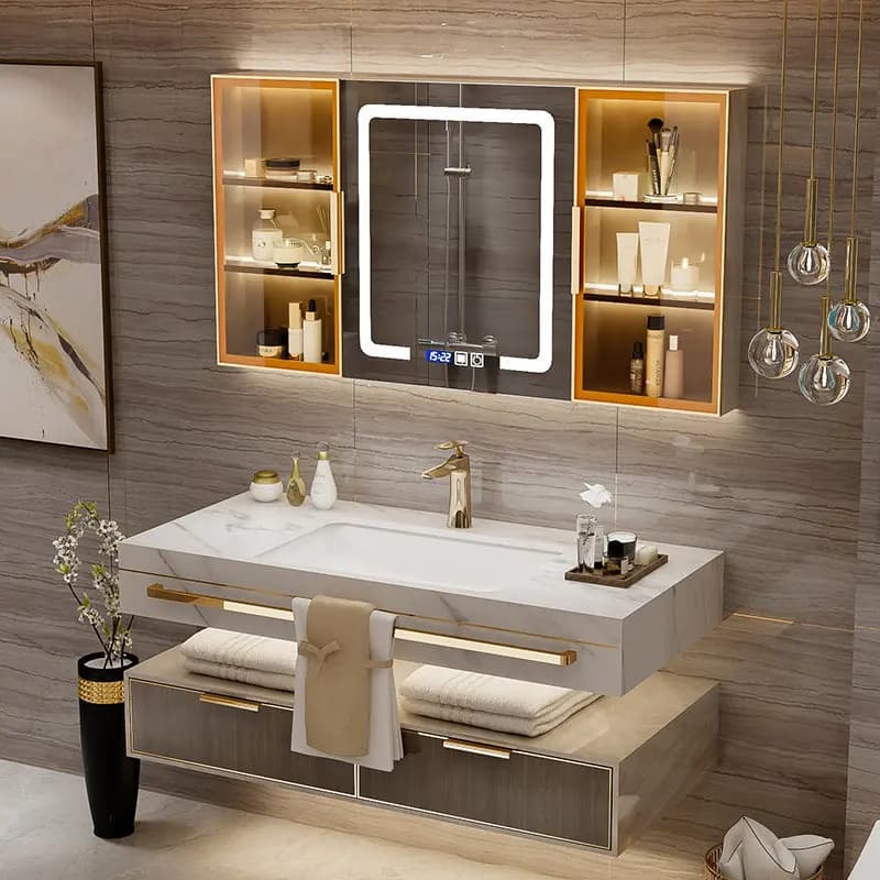 Armadietto a specchio Luce di lusso Lastra di roccia Bacino senza cuciture Armadietto da bagno Combinazione Hotel Vento Grande assistenza Bagno Lavaggio a mano Ba