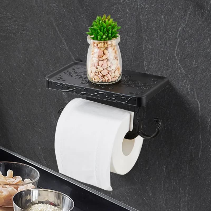 Toilet Paper Holder Punch-free Space Aluminum Roll Paper Holder Bathroom Toilet Paper Towel Holder 2-in-1 with Hook