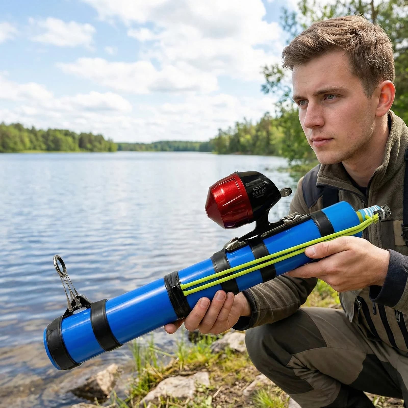 Canna di Pesca con Catapulta e Mulinello, Lanciatore di Esche, Tool di Pesca Riutilizzabile, Porta Canna Compatto per Bass, Trota, Pesce Gatto e Acqua Salata