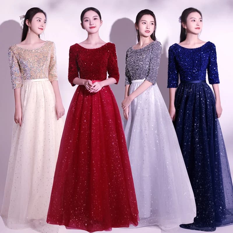 Abito lungo rosso da donna coreano a vita media con maniche lunghe e scollo a U, ideale per cori e spettacoli