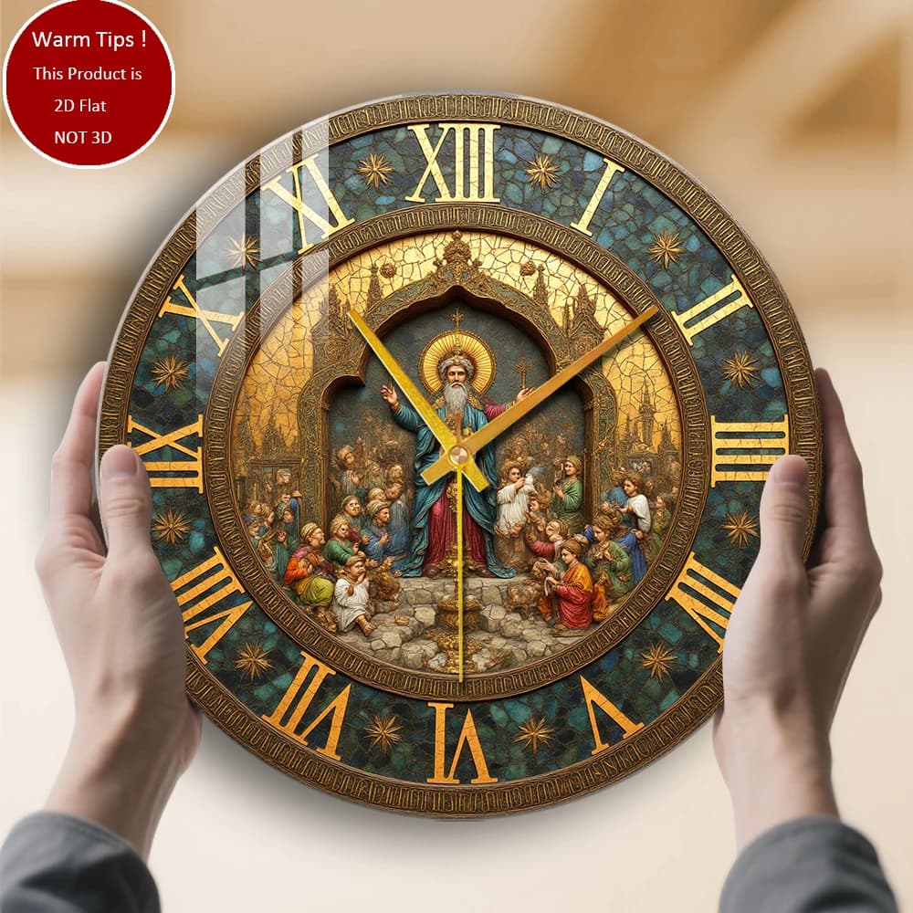 Tempered Glass Wall Clock with religious figure Mosaic art suitable for wall decorations or table displays everywhere