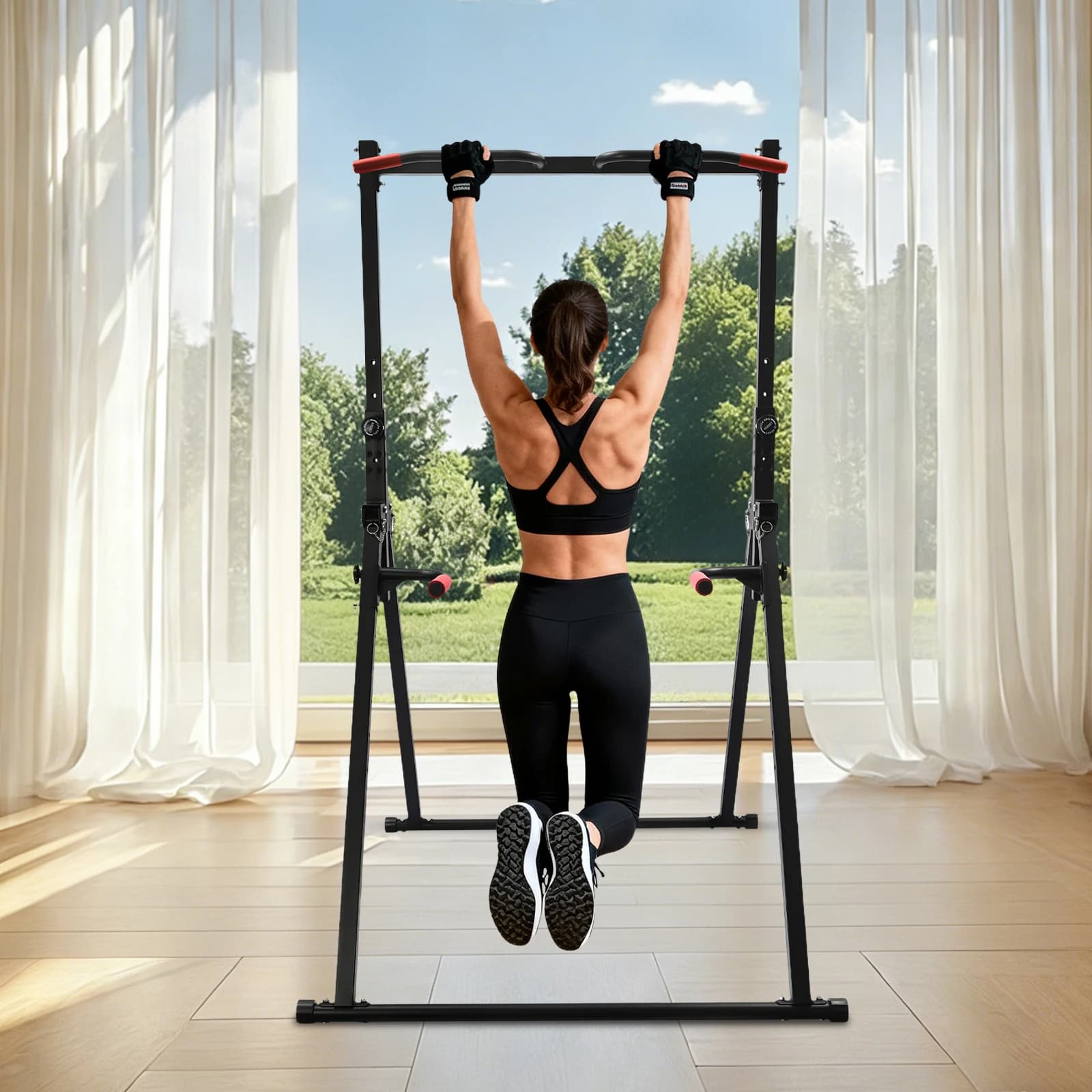 Black Triangular Pull Up Station Horizontal Bar, Pull Up Bar for Home Gym Strength Training Equipment, Adjustable Height 1.75-2.3m Home Pull Up Bar