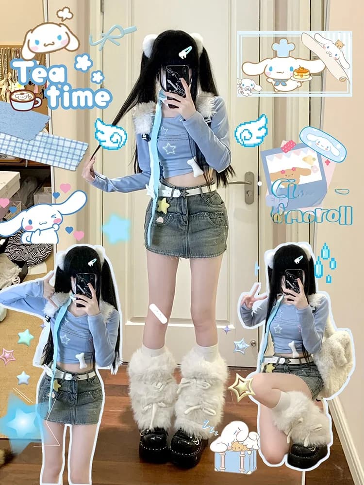 Kyouko Baby Design originale lungo Sve Hot Girl Gonna jeans snellente Stampa geometrica T-shirt rotonda in materiale sottile Ne