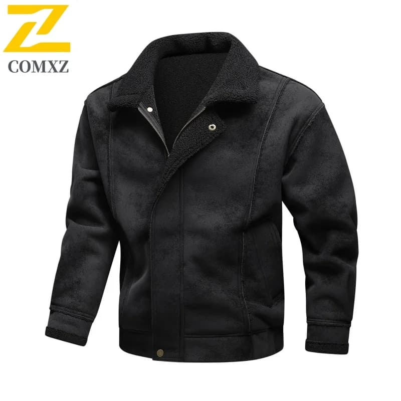 2025 Men's Jacket Solid Color Trendy Versatile Cardigan Zippered Jacket with Suede Leather Collar Casual Motorcycle Coat Outdoor Clothing