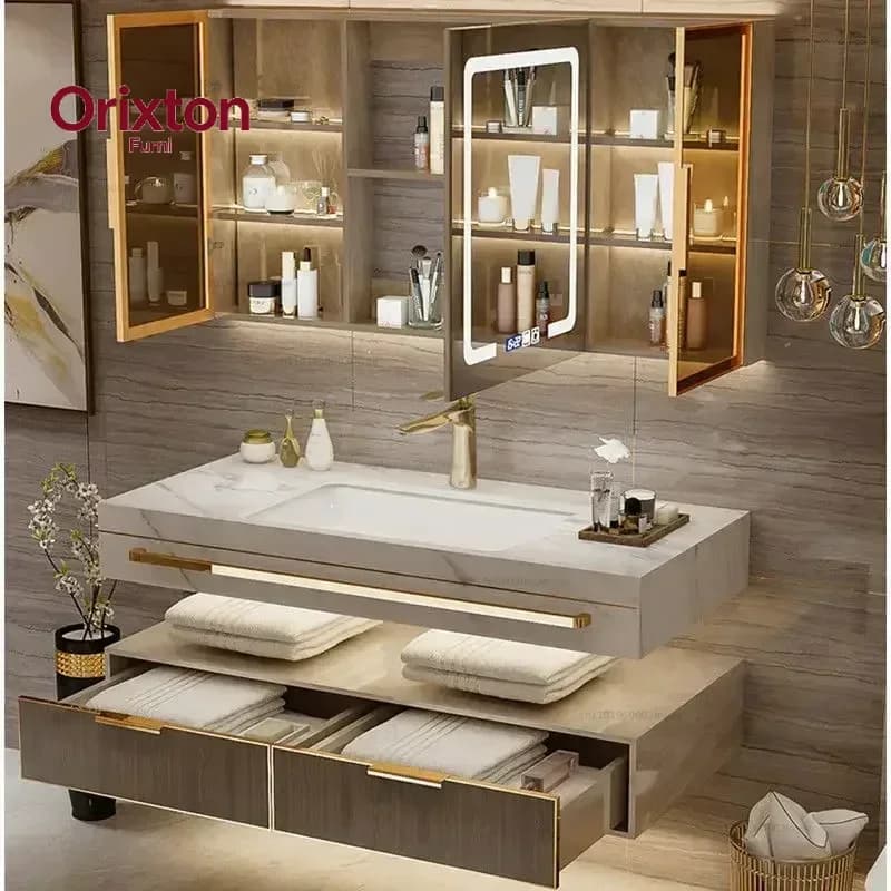 Stock Modern Slate Bathroom Cabinet With Smart Mirror Modern Double Washbasin Bathroom Vanity Mobile Furnitures Skincare