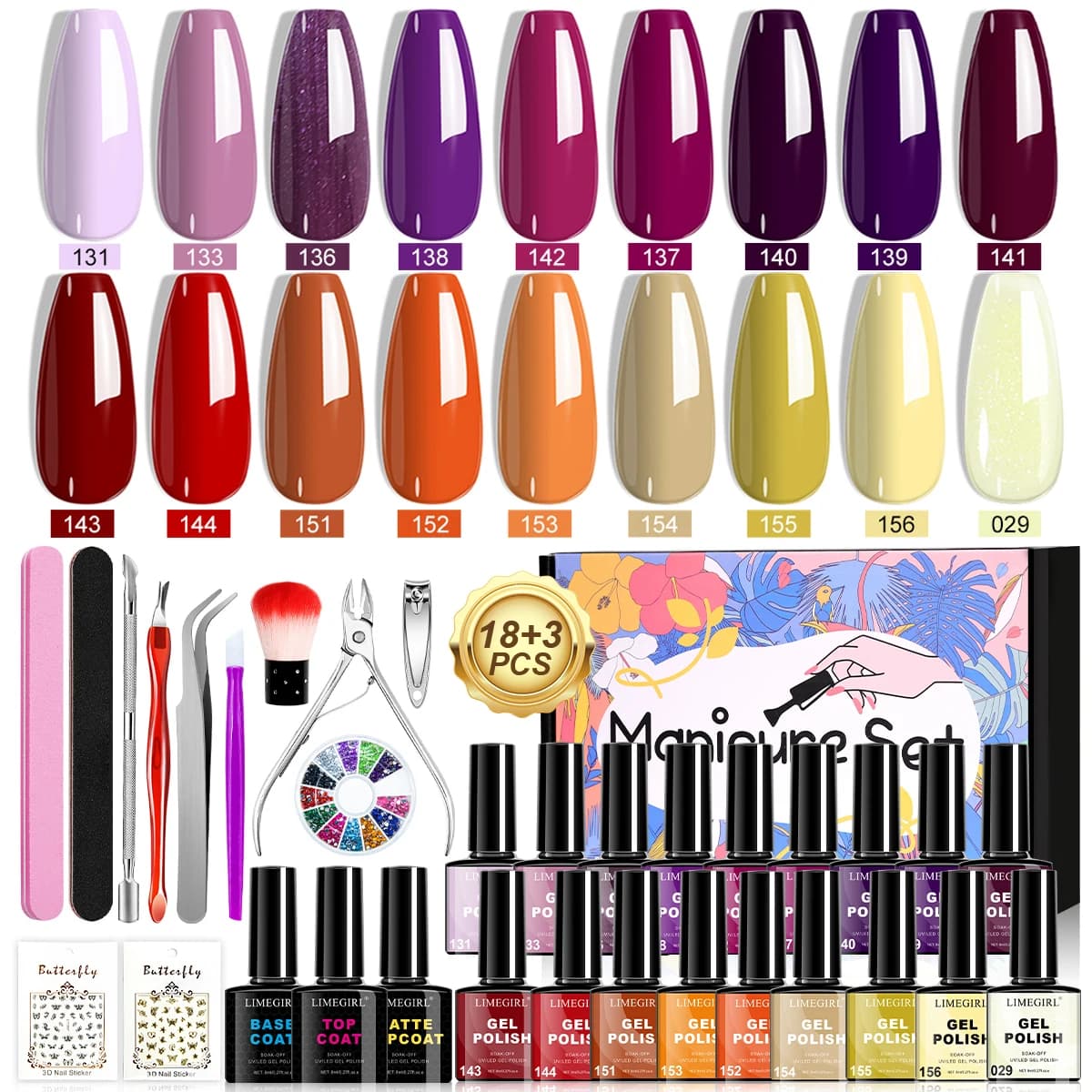 LIMEGIRL Set of 18 Gel Nail Polishes for Beginners, 8ML Glittered Gel with Base Coat, Top Coat and Top Coat Opaque for Manicure and Salon Tools