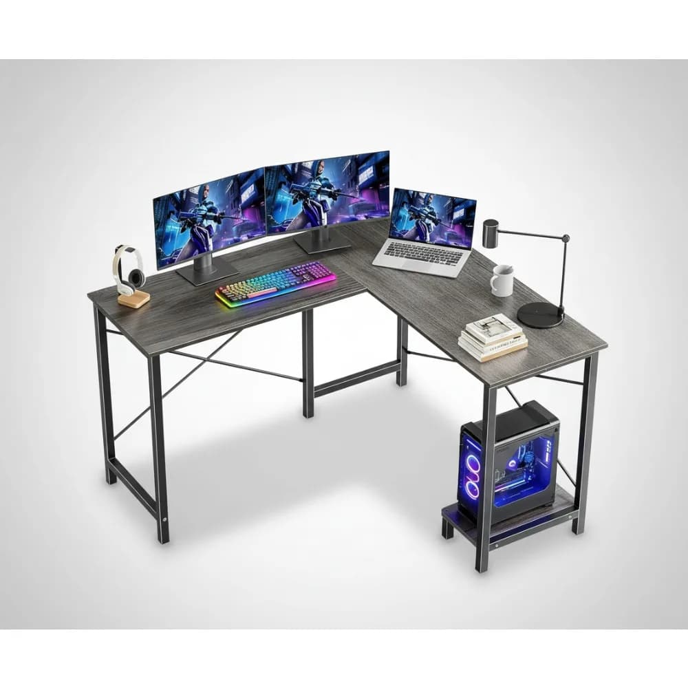 Scrivania da gioco a forma di L da 50 pollici con ripiano per CPU e custodia, tavolo angolare per computer per studio in ufficio a casa