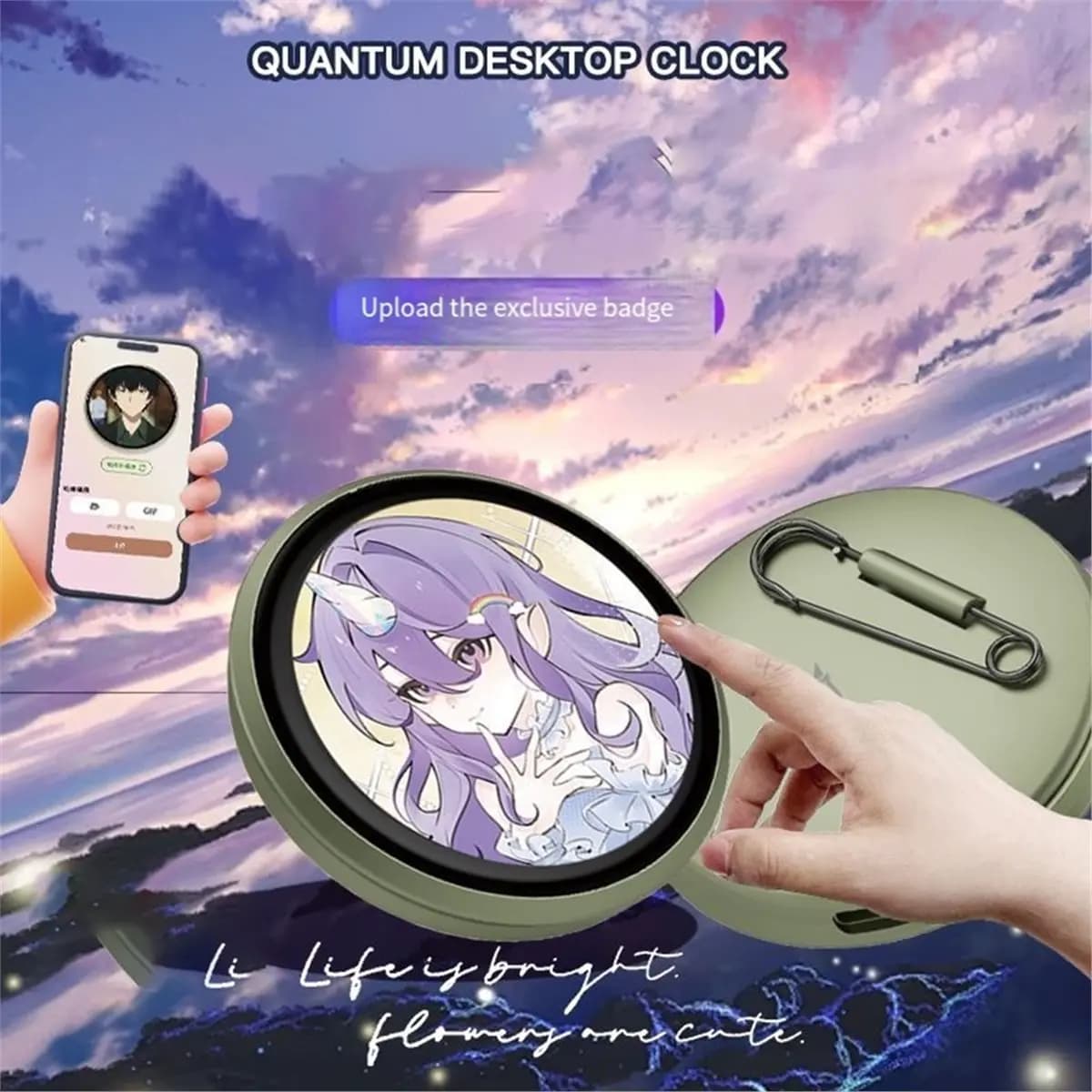 Y479A~!#Smart Bluetooth Anime Digital Pin - Touchscreen Photo Frame W/ Video Playback, 7-Color LED, App Control