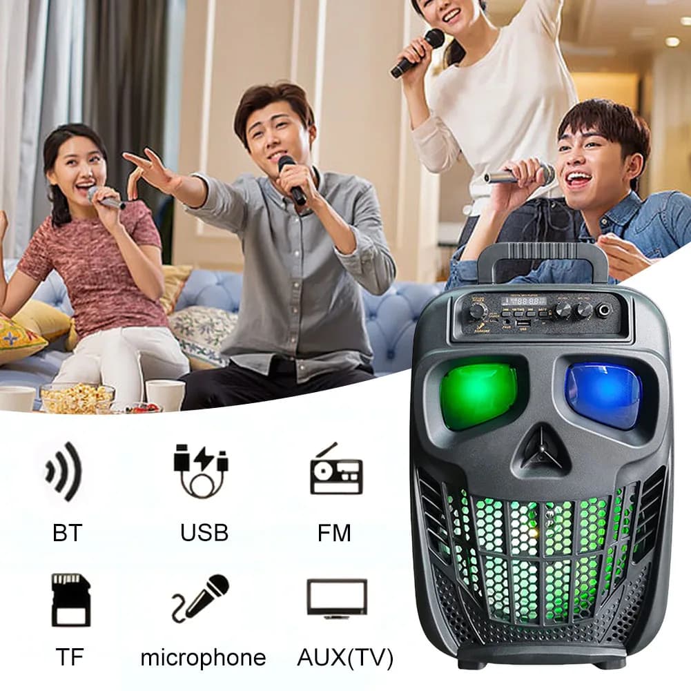 Altoparlante Portatile Wireless a Forma di Teschio BT 5.0 con 1 Microfono, Cassa Audio per Feste, Supporta USB, Scheda TF, AUX per Esterni, Casa, Feste e Viaggi