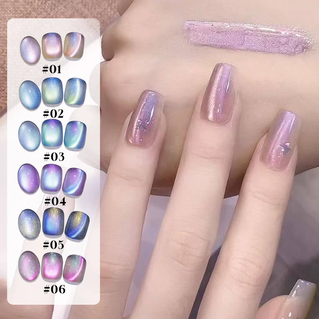 1-6 pz Smalto Gel Magnetico Effetto Occhio di Gatto Iridiscente Trasparente 12ml, 6 Colori, Forniture per Nail Art UV per Donna, Manicure Quotidiana e per Feste